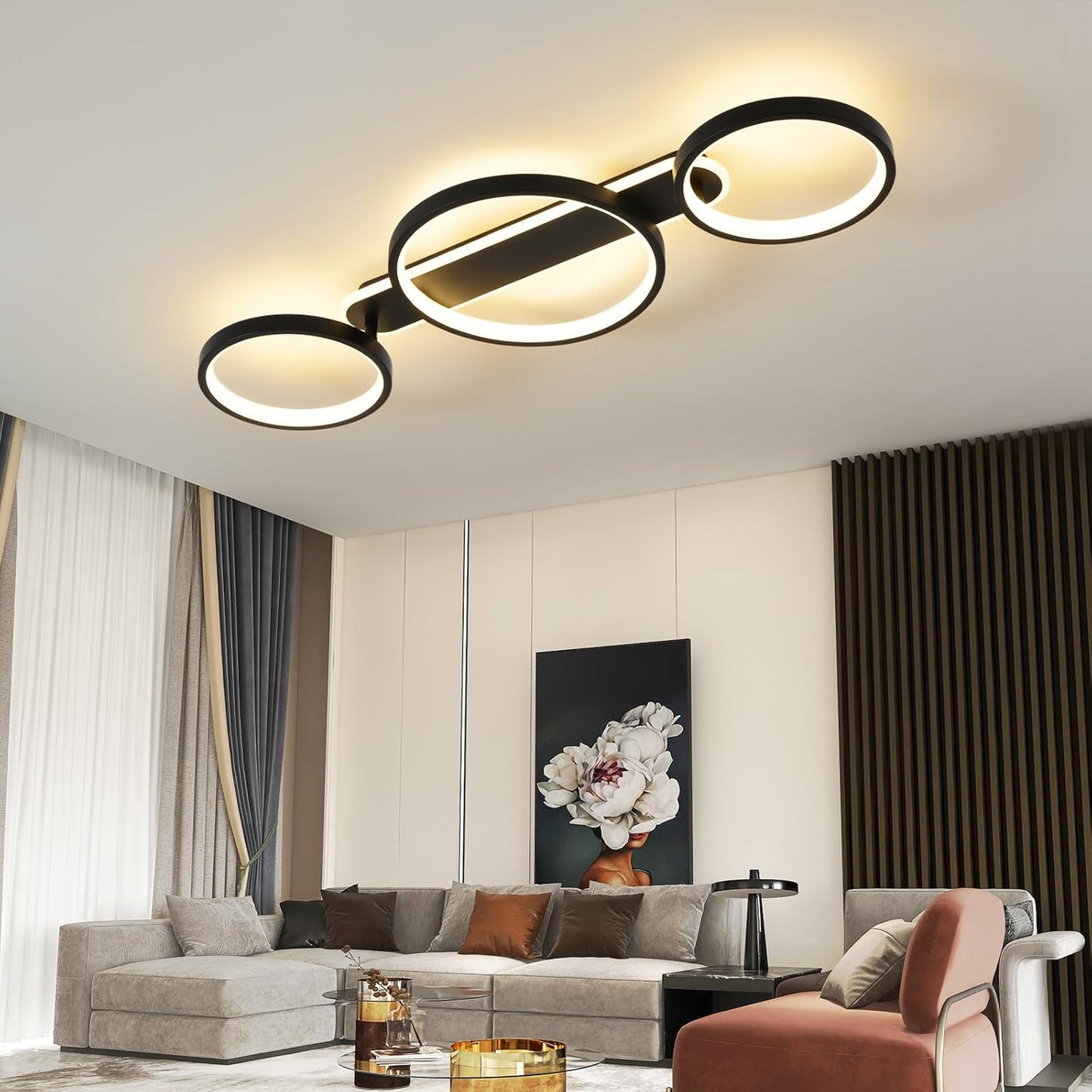 Modern LED Ceiling Light, 36W 3000K-6500K, 3 Rings Round Design Bedroom Lighting, Interior Decorative Light with Remote Control APP Dimmable, Chandelier Lamp for Living Room, Office, Kitchen, Hallway