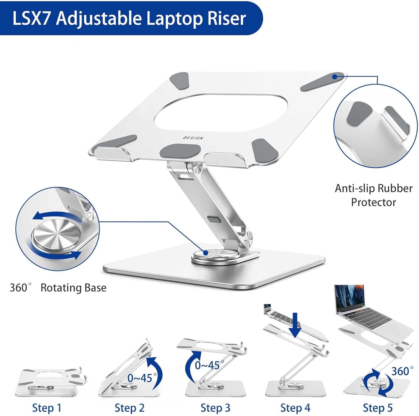 BESIGN LSX7 Laptop Stand with 360° Rotating Base, Ergonomic Adjustable Notebook Stand, Riser Holder Computer Stand Compatible with Air, Pro, Dell, HP, Lenovo More 10-15.6" Laptops (Silver)