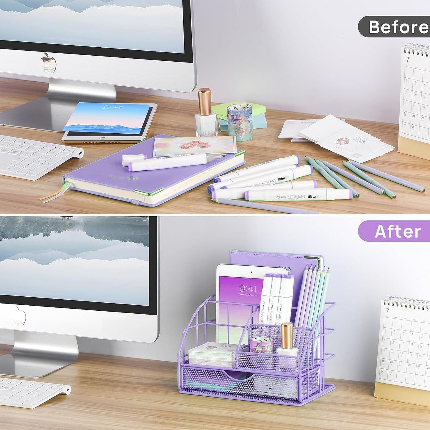 Purple Desk Organizers and Accessories, Purple Office Supplies with Mesh Desk Organizer, Acrylic Tape Dispenser and Stapler, Staples, Ballpoint Pen, Clips Set, Ruler, Scissor, Sticky Labels