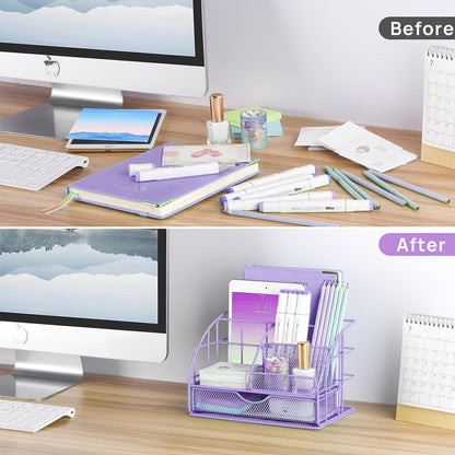 Purple Desk Organizers and Accessories, Purple Office Supplies with Mesh Desk Organizer, Acrylic Tape Dispenser and Stapler, Staples, Ballpoint Pen, Clips Set, Ruler, Scissor, Sticky Labels