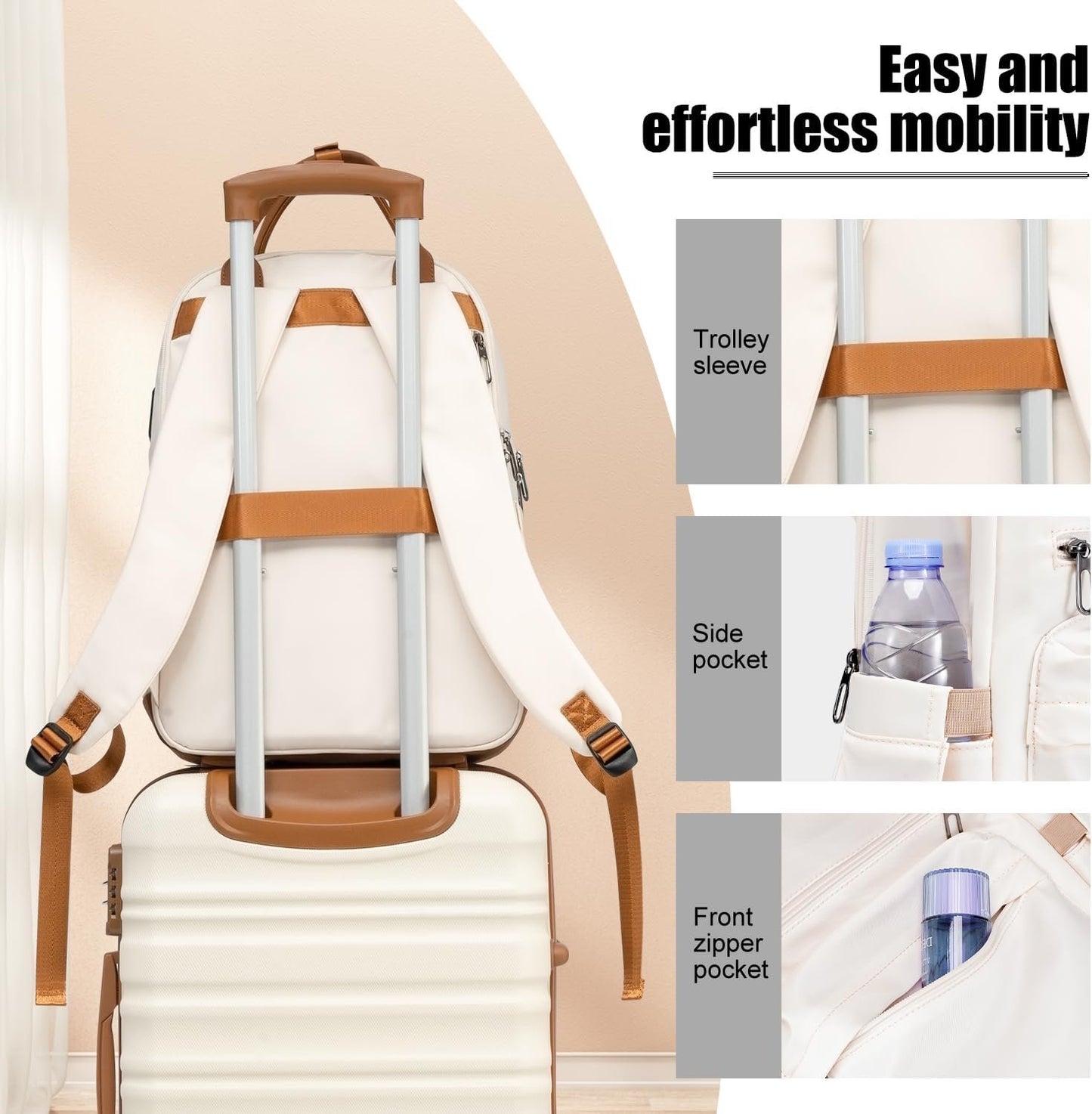 LONG VACATION Luggage Set 4 Piece Luggage ABS Hardshell TSA Lock Spinner Wheels Carry on Suitcase(White-Brown, 6 Piece Set（BP）)