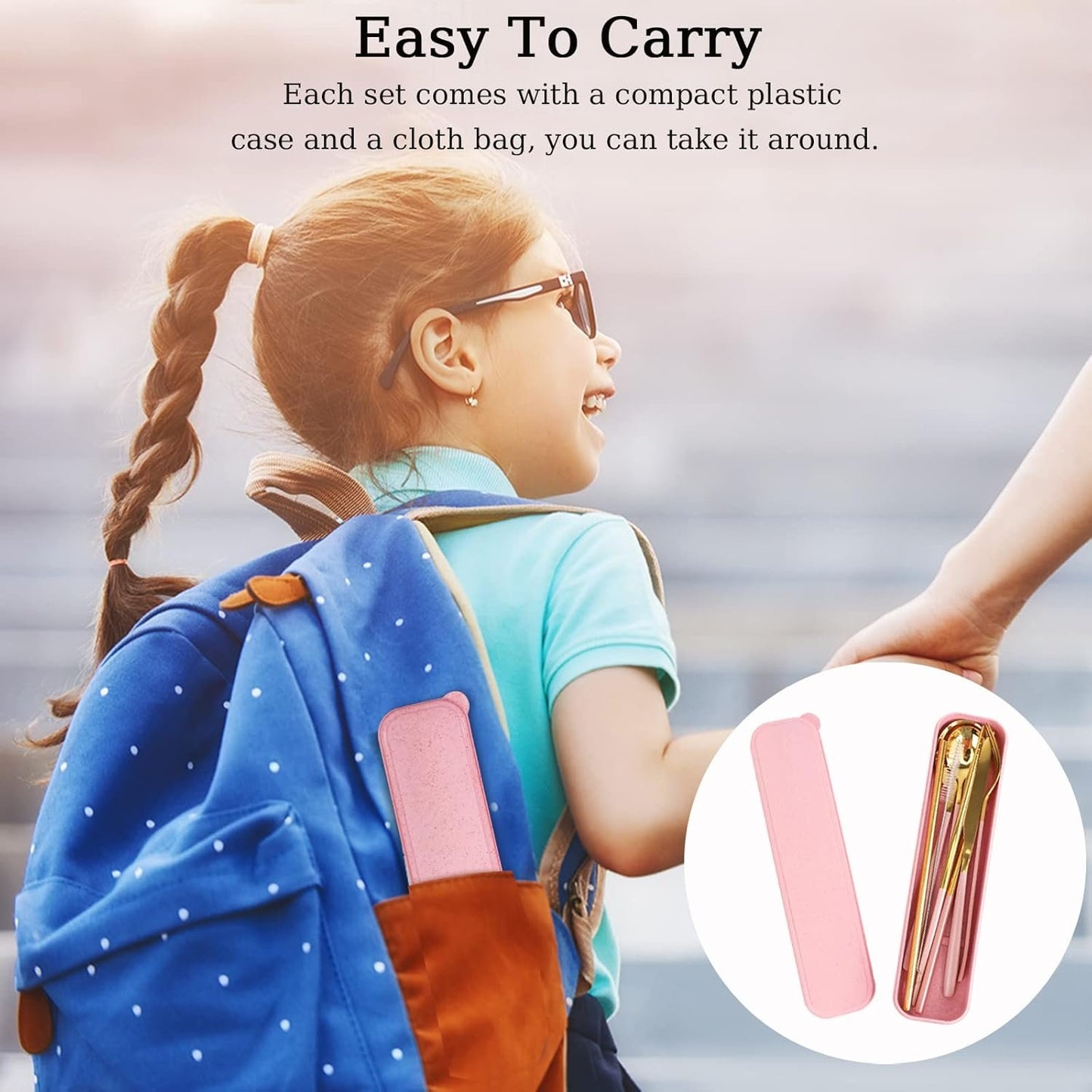 QLFJ-FurDec 9 Pcs Portable Travel Utensils Set, Stainless Steel Reusable Flatware Set, Cutlery Set with Knife Fork Spoon Chopsticks Cleaning Brush Straws Case Set for Camping, Picnic, Office, School(Pink-Gold)