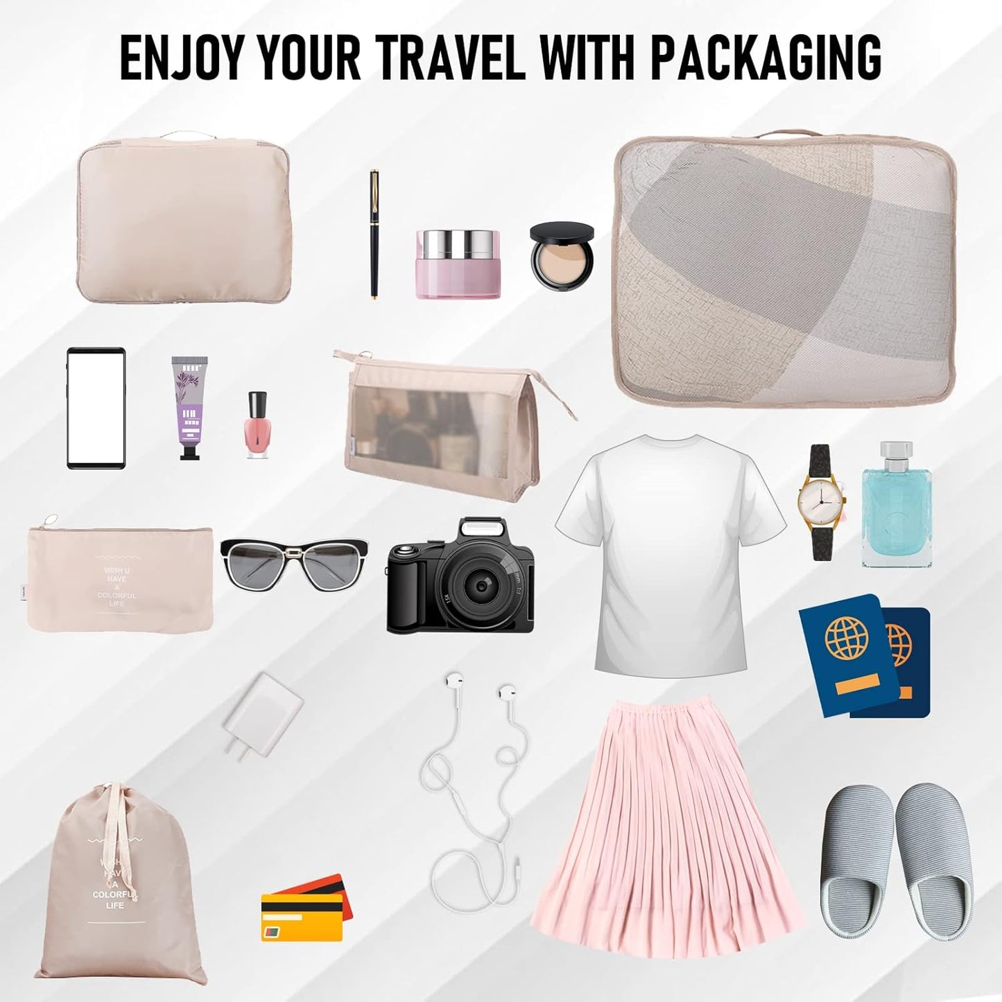 Neween 8 Set Packing Cubes for Suitcases, Travel Luggage Organizer with Shoe Bag, Toiletry Bag & Laundry Bag, Compression Packing Cubes Set Travel Accessories Clothes Storage Bag (Beige)