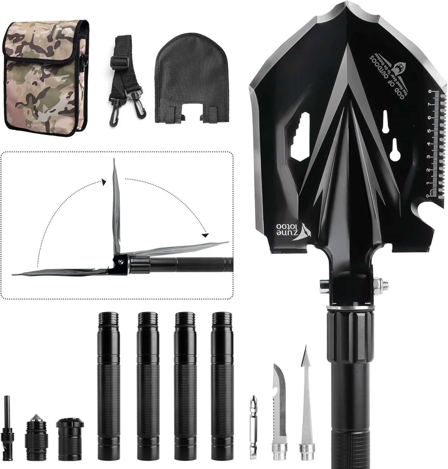 Zune Lotoo Tactical Shovel Survival Tool, 18 in 1 Small Camping Folding Multitool Compact Entrenching Tool Heavy Duty for Hiking Backpack Emergency Spade Lightweight Car Truck Gift Survivalist,Black