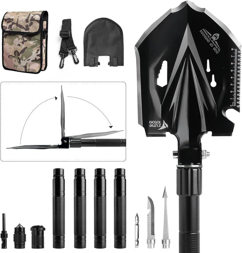Zune Lotoo Tactical Shovel Survival Tool, 18 in 1 Small Camping Folding Multitool Compact Entrenching Tool Heavy Duty for Hiking Backpack Emergency Spade Lightweight Car Truck Gift Survivalist,Black