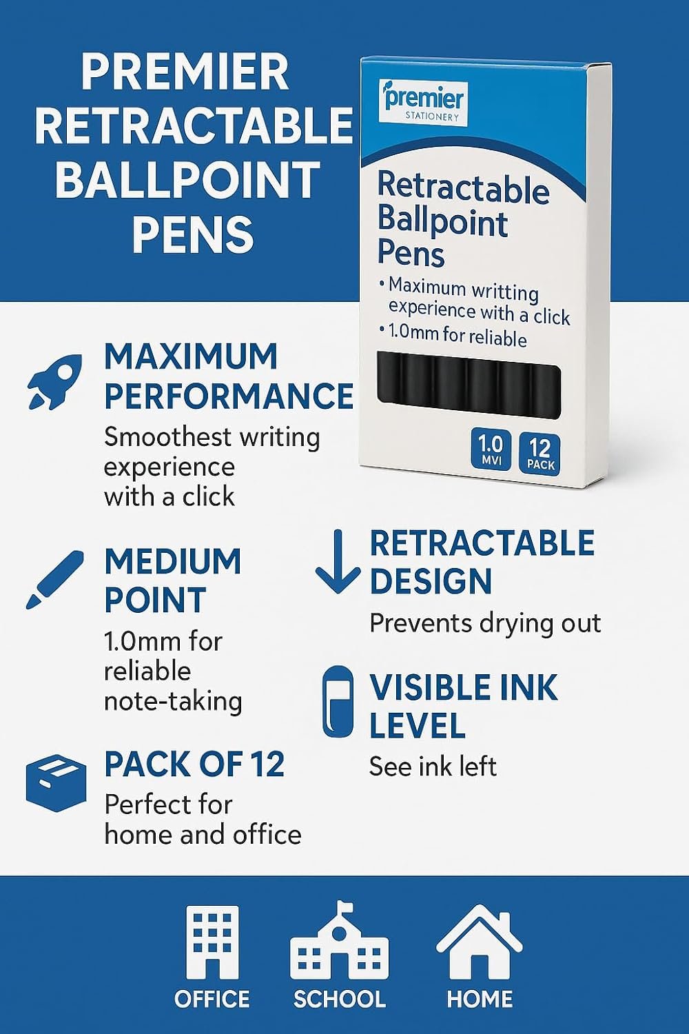 Premier Stationery Retractable Ballpoint Pen, Medium Point, Ergonomic Grip, Black Ink, Pack of 12- Ideal for Office Supplies and Everyday Use. Ball Point Pen for Back to School or Office