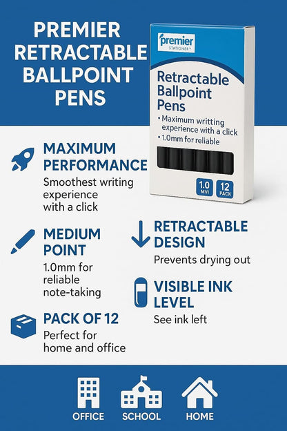 Premier Stationery Retractable Ballpoint Pen, Medium Point, Ergonomic Grip, Black Ink, Pack of 12- Ideal for Office Supplies and Everyday Use. Ball Point Pen for Back to School or Office