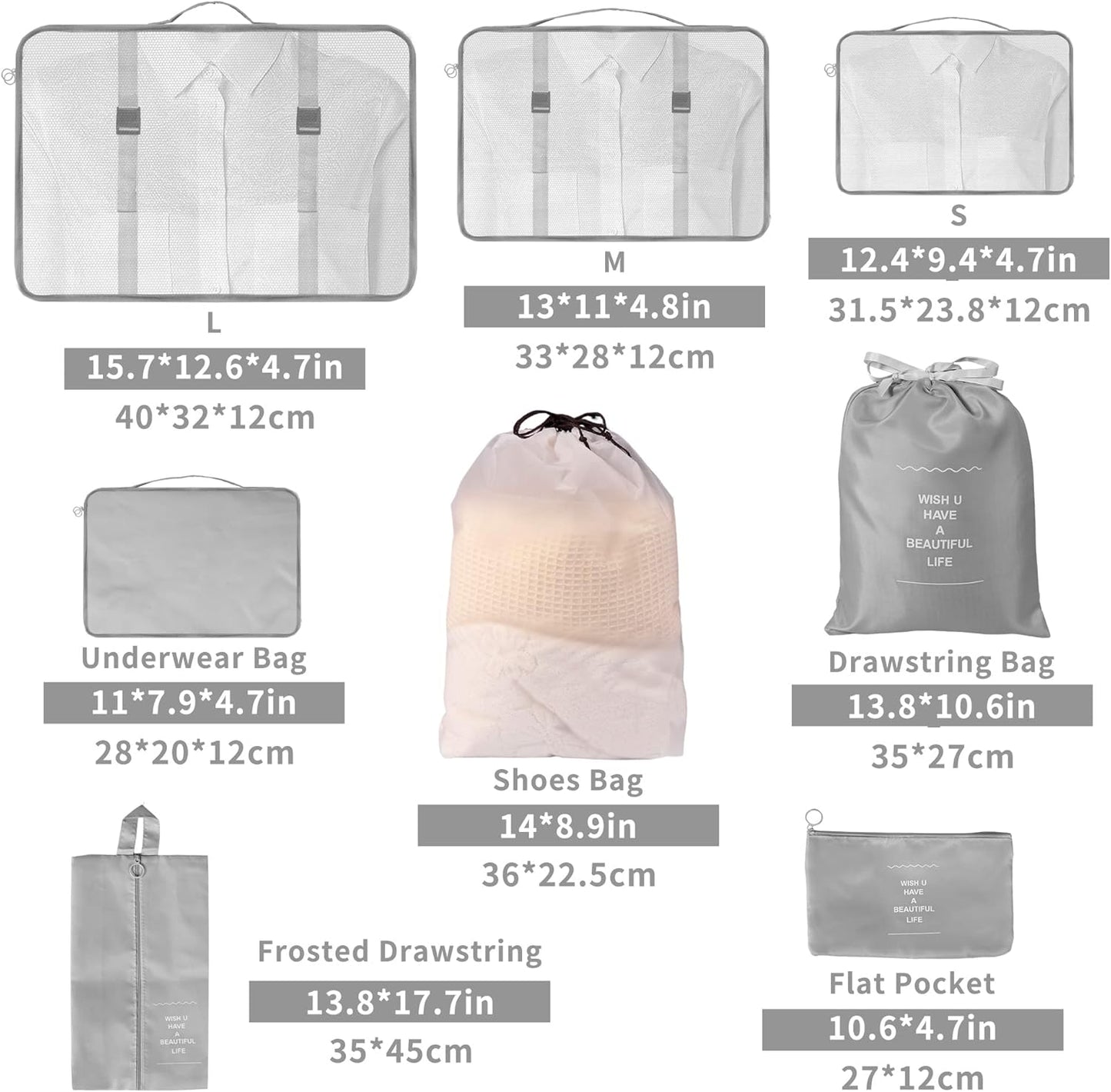 9 Set of Waterproof Packing Cube, Space-Saving Suitcases, Separators for Travel, Travel Organizer, Clothing Underwear Footwear Organizers Sacks Storage Suitcase Set