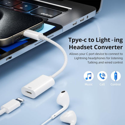 Lighting Female to USB C Adapter (Audio Decoding Cord,Fast Charging,Data) Lighting Wired Headphone Connector Cable for iPhone 15,16,iPad USB-C Accessory