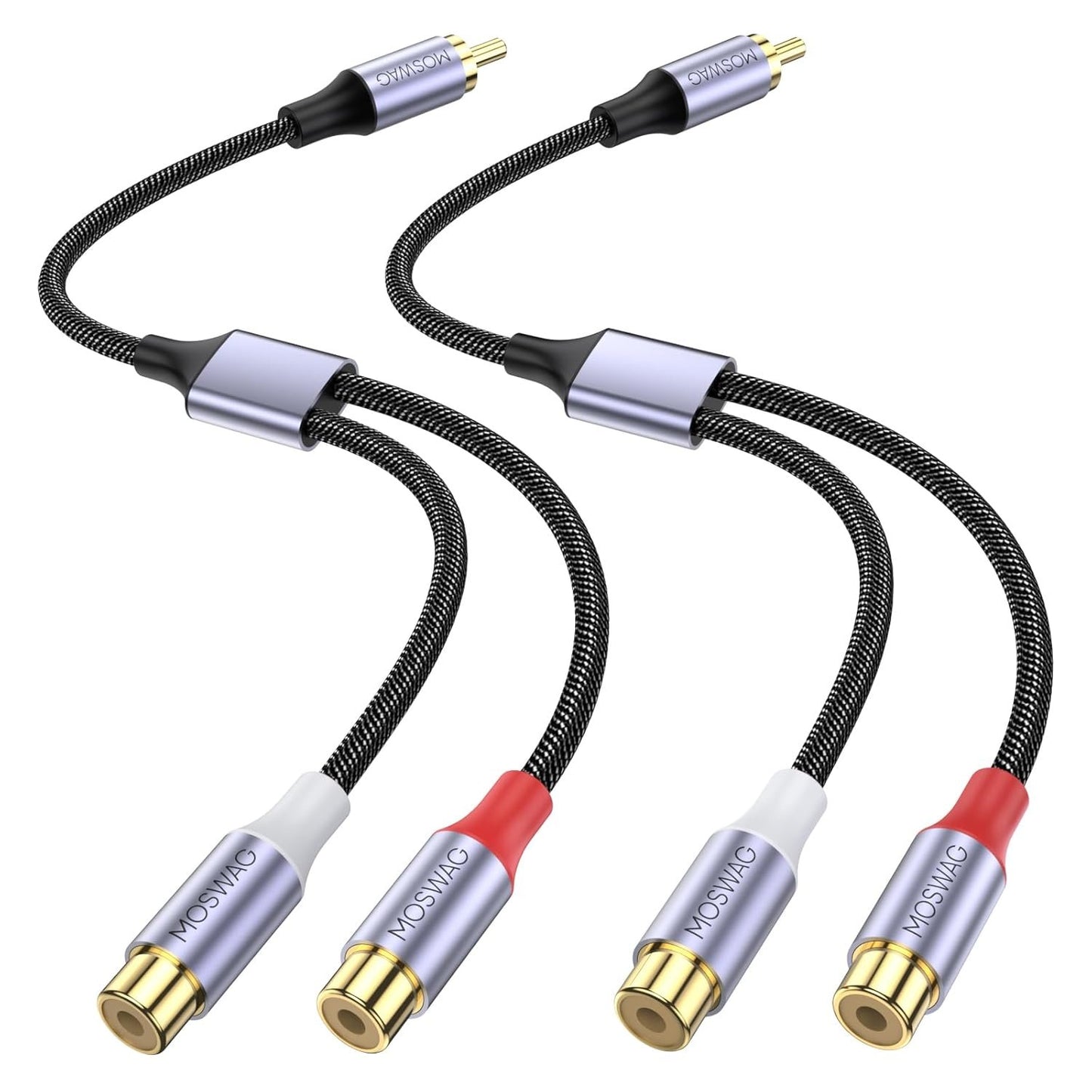 MOSWAG RCA Y Splitter Cable Adapter - 1 Male to 2 Female Audio Speaker Adapter (2 Pack) Compatible With Subwoofers, Speakers, Home Theatres