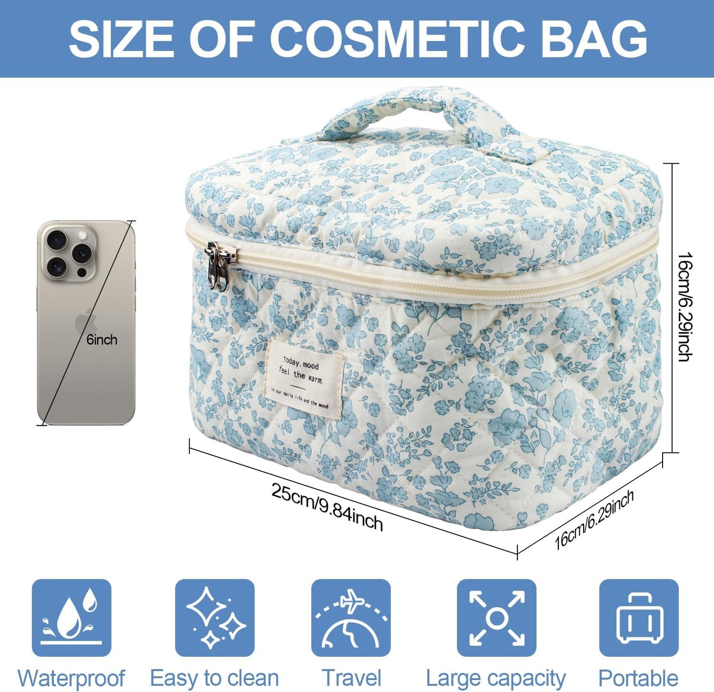 Travel Quilted Cotton Makeup Bag,Large Makeup Bag, H HOME-MART Large Floral Cosmetic Bag for Women Girls, Floral Coquette Aesthetic Toiletry Bag, Flower Travel Toiletry Accessories