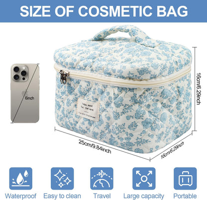 Travel Quilted Cotton Makeup Bag,Large Makeup Bag, H HOME-MART Large Floral Cosmetic Bag for Women Girls, Floral Coquette Aesthetic Toiletry Bag, Flower Travel Toiletry Accessories