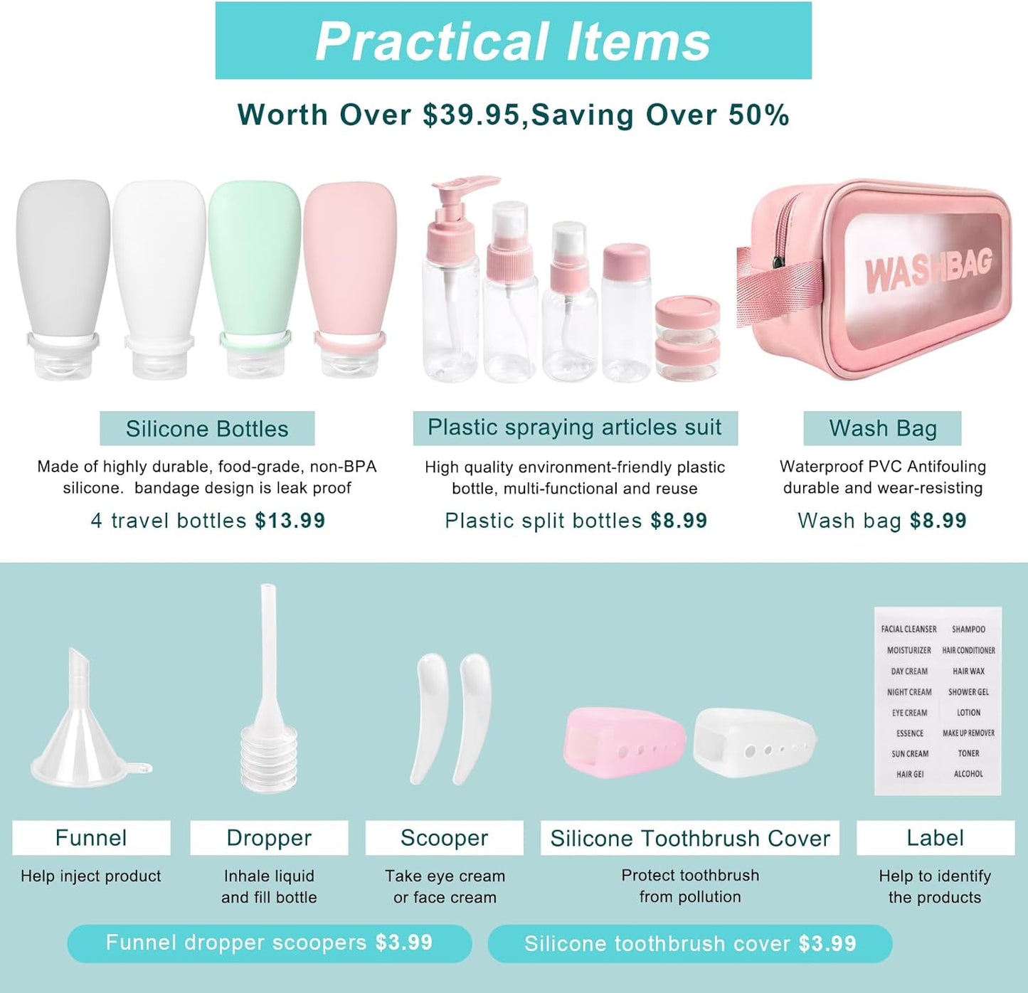 Noideeer 18 Pcs Silicone Travel Bottles Set Aviation Approved Liquid Containers Suitable for Shampoo, Lotion, Rinse, Shower Gel, with Labels and Travel Beauty Case