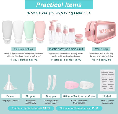 Noideeer 18 Pcs Silicone Travel Bottles Set Aviation Approved Liquid Containers Suitable for Shampoo, Lotion, Rinse, Shower Gel, with Labels and Travel Beauty Case