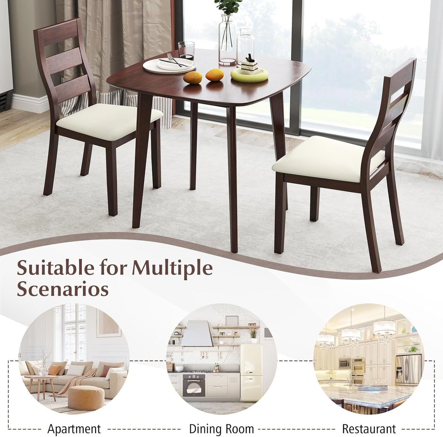 Giantex 3-Piece Dining Table Set for 2, Wooden Square Kitchen Table and 2 Chairs with Padded Seat, Ladder Back, Space-Saving Dinette Set for Small Spaces, Living Room, Dining Room