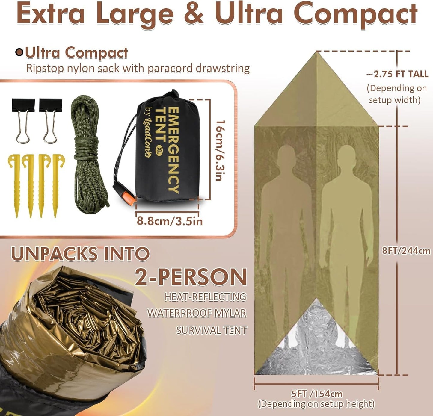 LeadCon 2 Pack Emergency Survival Tent, 2 Person Emergency Shelter Tube Tent All-Weather Protection for Camping, Hiking, & Survival Kits Includes 5 pcs Emergency Blanket Mylar
