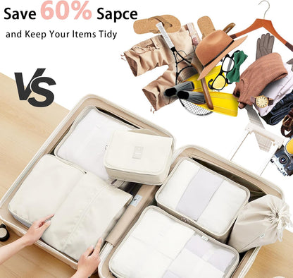 Onlyesh 11 Pieces Waterproof Suitcase Organizer Suitcase Space-Saving with 3 Liquid Travel Containers, Set Organizer Suitcase for Clothes, Cosmetics, Shoes, Underwear, Beige