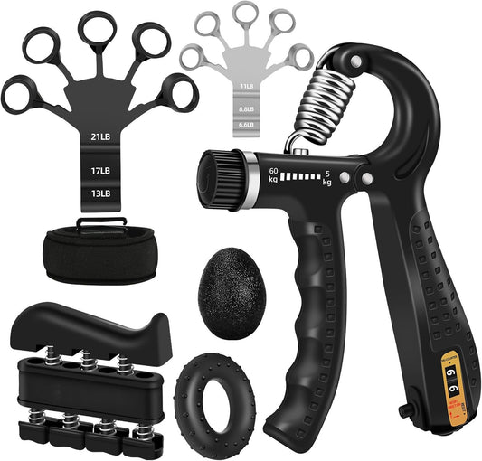 5PCS Grip Strength Trainer Kit with Adjustable Hand and Forearm Gripper, Hand Extension Exerciser, Finger Exerciser, Grip Ring & Stress Relief Grip Ball for Muscle Building and Injury Recover