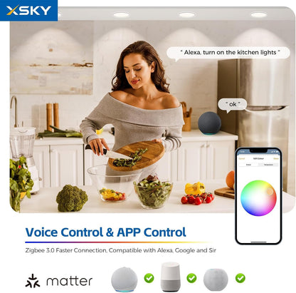 Xsky Smart Recessed Lighting 6 inch 4 Pack, Matter Bridge Include, Matter Light, Zigbee 3.0 RGBCW Color Changing, 13W 1100LM Smart Downlight, Compatible with Alexa/Google Assistant/Siri