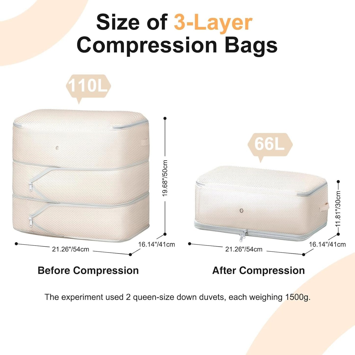 DIMJ Compression Storage Bags for Blankets - 2 Pack 110L to 66L Washable Vacuum Clothes Organizer with Clear Window Ultra Space Saver for Comforters, Closet, Bedding, Moving Containers - Beige