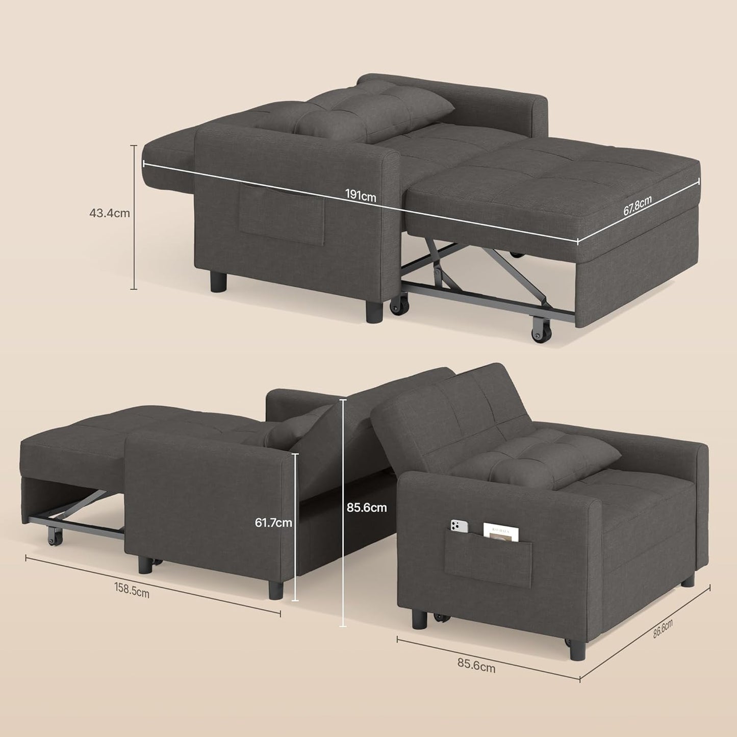Bealife Relaxing Chair, Armchair Bed with Adjustable Backrest, Single Chair, Recliner Armchair for Living Room, Bedroom, Balcony and Office (Dark Grey)