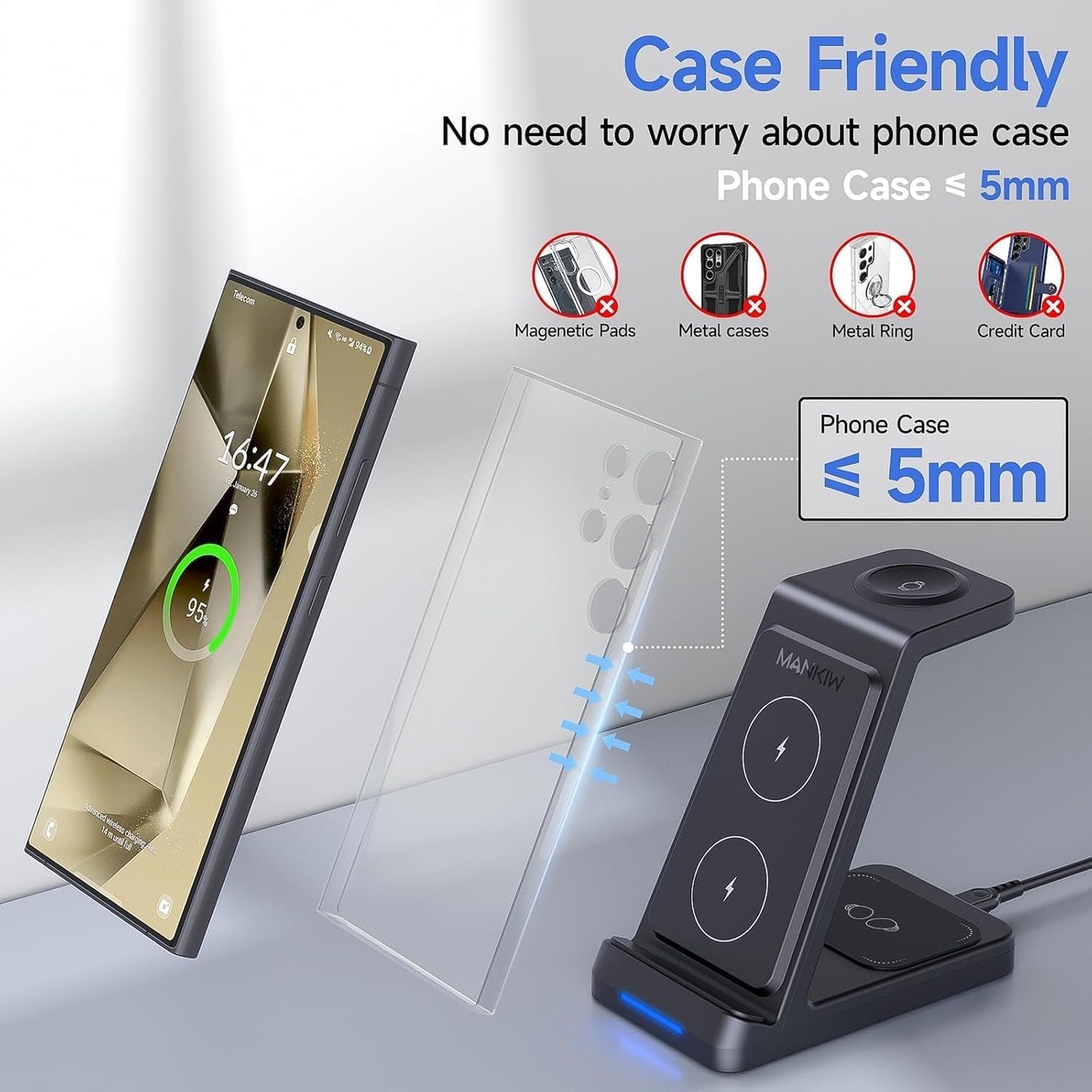 3 in 1 Wireless Charging Station for Samsung,Fast Phone Charger Station for Samsung Galaxy S24 S23 S22 S20 Ultra Z Flip Fold 5/4/3Galaxy Watch 6/5/4/3Buds