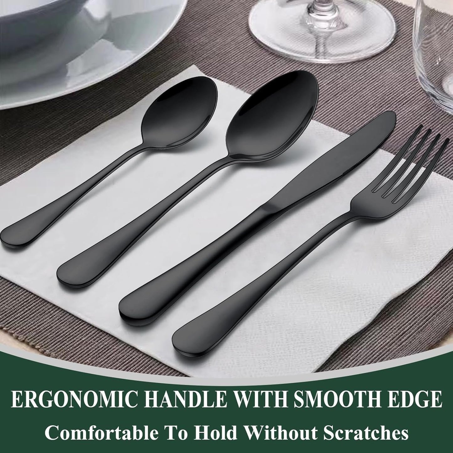 Wildone 20-Piece Black Silverware Set, Stainless Steel Flatware Cutlery Set Service for 4, Tableware Eating Utensils Include Knives/Forks/Spoons, Mirror Polished, Dishwasher Safe