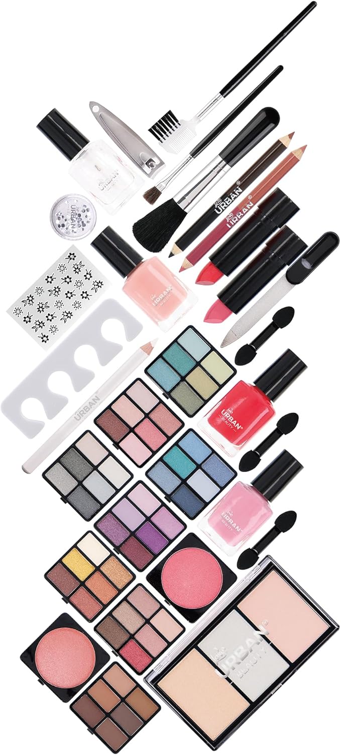 Love Urban Beauty Vegan Divine Beauty French Manicure Makeup Box 76 Piece Makeup Set Including Eyeshadow, Highlighter, Lipstick, Blush, Brushes, Manicure Accessories