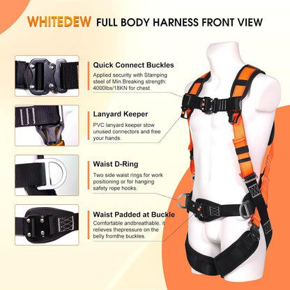 Fall Protection Premium Safety Harness with Shock Absorbing Lanyard, Roofing Constructio Harness, Vented & Padded Shoulder, Legs & Back - Upgrade 4 Quick Buckles(Orange)