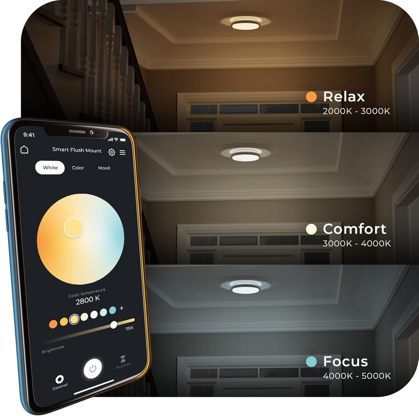 Globe Electric 60839 Wi-Fi Smart 11" Flush Mount Ceiling Light, Brushed Nickel, No Hub Required, Voice Activated, Energy Star, 16 W, Multicolor Changing RGB, White 2000K - 5000K, 1120 Lumens, 80 CRI