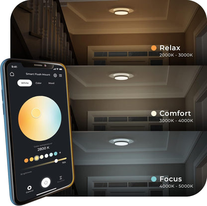 Globe Electric 60839 Wi-Fi Smart 11" Flush Mount Ceiling Light, Brushed Nickel, No Hub Required, Voice Activated, Energy Star, 16 W, Multicolor Changing RGB, White 2000K - 5000K, 1120 Lumens, 80 CRI