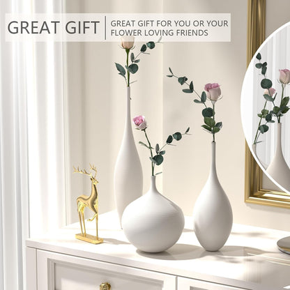 White Ceramic Vase Modern Boho Wabi-Sabi Flower Vase Set of 3 Decorative Aesthetic Vases for Centerpieces Pampas Matte Minimalist Vase for Living Room Table Shelf Home Decor Gift