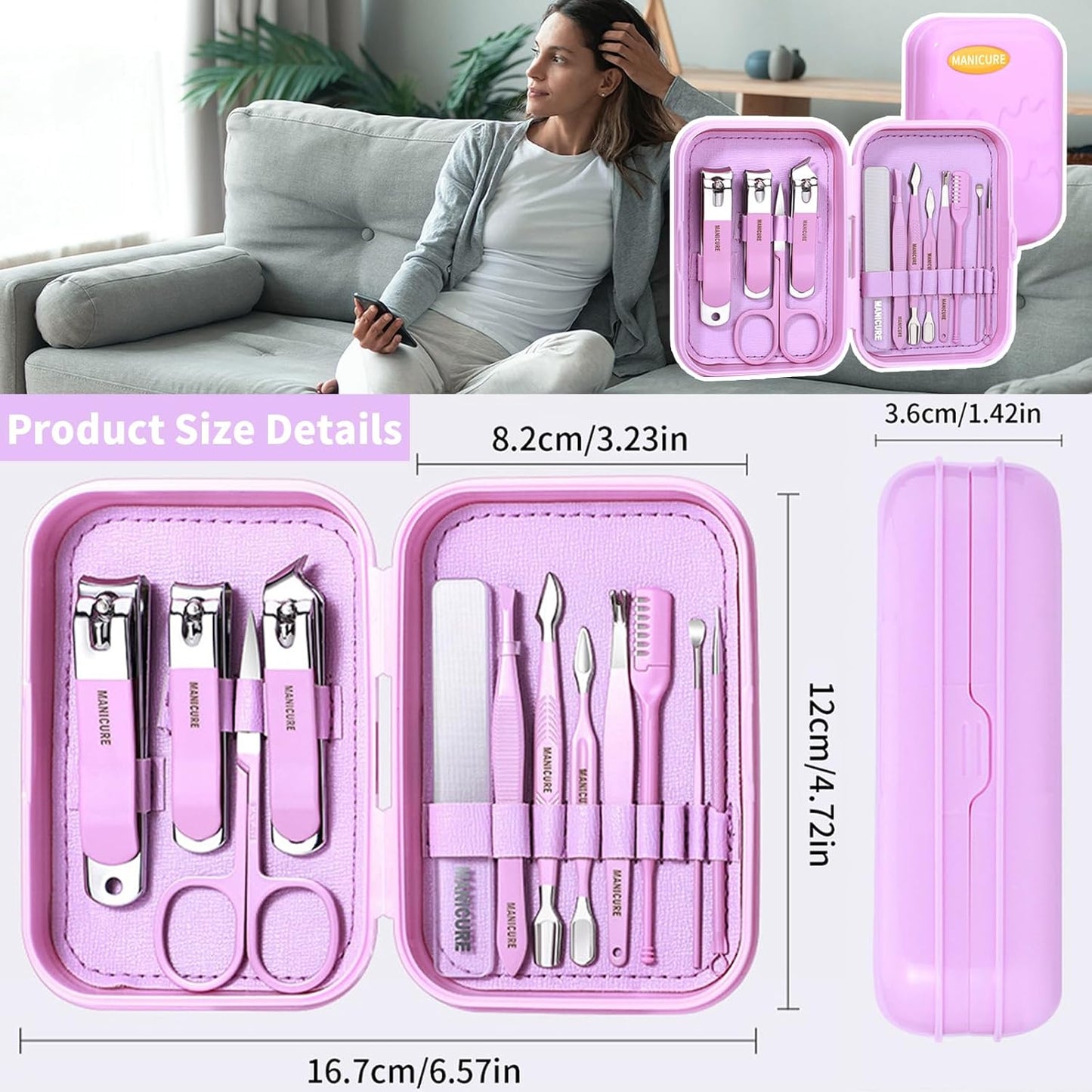13-In-1 Nail Kit, Manicure Set with Tweezers/Nail File/Nail Clippers/Cuticle Trimmer/Facial Care Tools, Professional Manicure & Pedicure Set, Travel Portable Nail Cutter Set for Men Women (Purple)