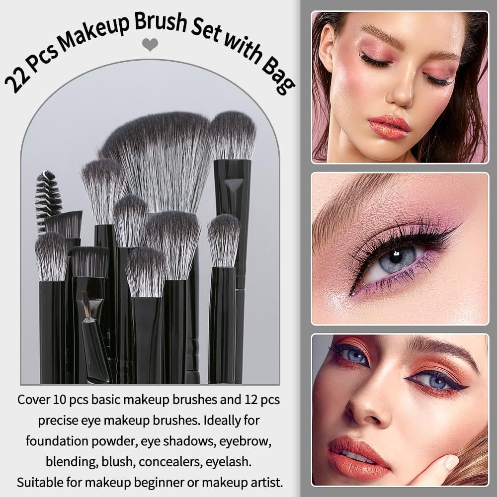 MAGEFY 22 Pcs Makeup Brushes with Case, Professional Makeup Brush Set Face Foundation Brushes Blending Powder Blush Eyeshadow Brushes Makeup Gift for Women Girls（Black)