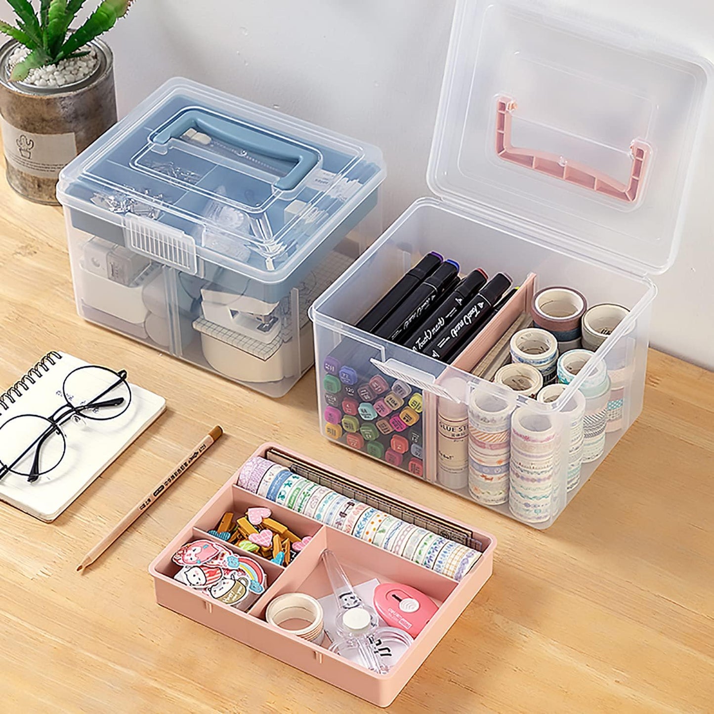 FOREVERIE Small Portable Plastic Cosmetic Case with Handle & Removable Tray & Adjustable Divider, Beauty Ornaments Hair Nail Accessories Storage Box, Sewing Box Organizer, Kids Art Box (Clear & Pink)