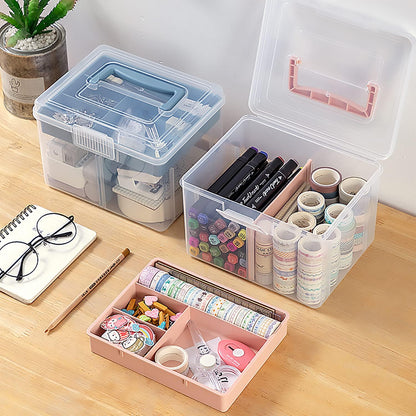 FOREVERIE Small Portable Plastic Cosmetic Case with Handle & Removable Tray & Adjustable Divider, Beauty Ornaments Hair Nail Accessories Storage Box, Sewing Box Organizer, Kids Art Box (Clear & Pink)