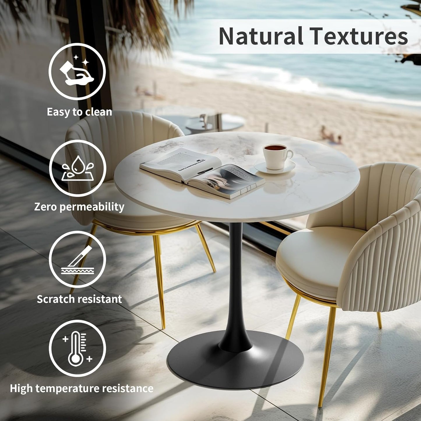 Wisfor Marble Round Bar Table: 30" Dia White Patterned Sintered Stone Tabletop 31" Tall Black Leg Bar Cocktail Table Bar Furniture for Home Kitchen,Pub,Coffee Shop,Office, Apartment