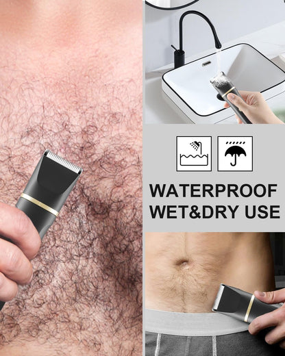 Body Hair Trimmer Men Painless Body Groomer & Ball Trimmer,3 in 1 Pubic Hair Trimmer for Men,USB Recharge Dock,Replaceable Ceramic Blade Heads,IPX7,Mens Grooming Kits,Black