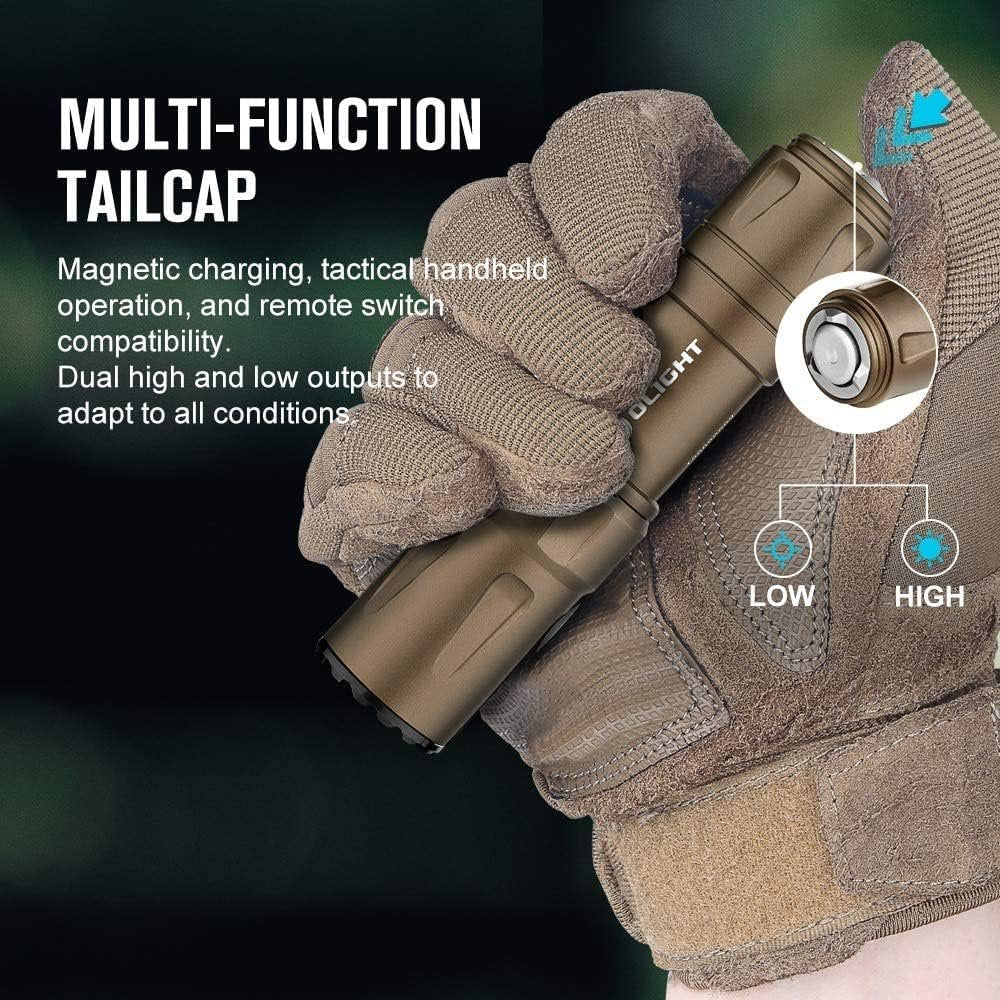 OLIGHT Odin Mini 1250 Lumens Compact Rechargeable Tactical Flashlight, MLOK Mount Flashlight with Removable Slide Rail Mount and Remote Switch, 240 Meters Beam Distance(Desert Tan)