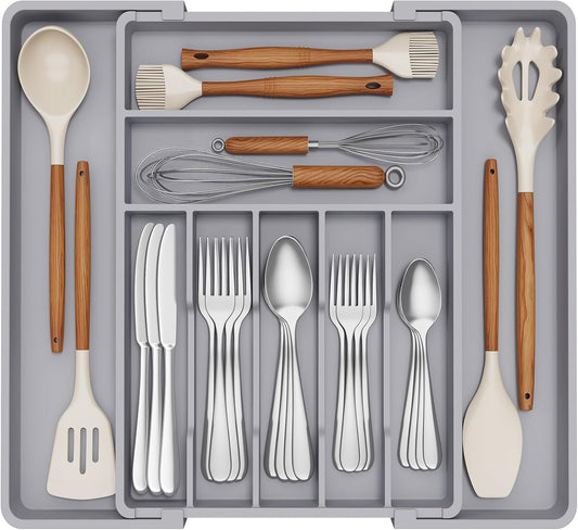 Lifewit Expandable Silverware Drawer Organizer, 16.7 inches Deep Adjustable Utensil Cutlery Tray for kitchen, Plastic Flatware Spoon Fork Knives Holder Storage Divider, 7 Compartment, 1 Pack, Gray