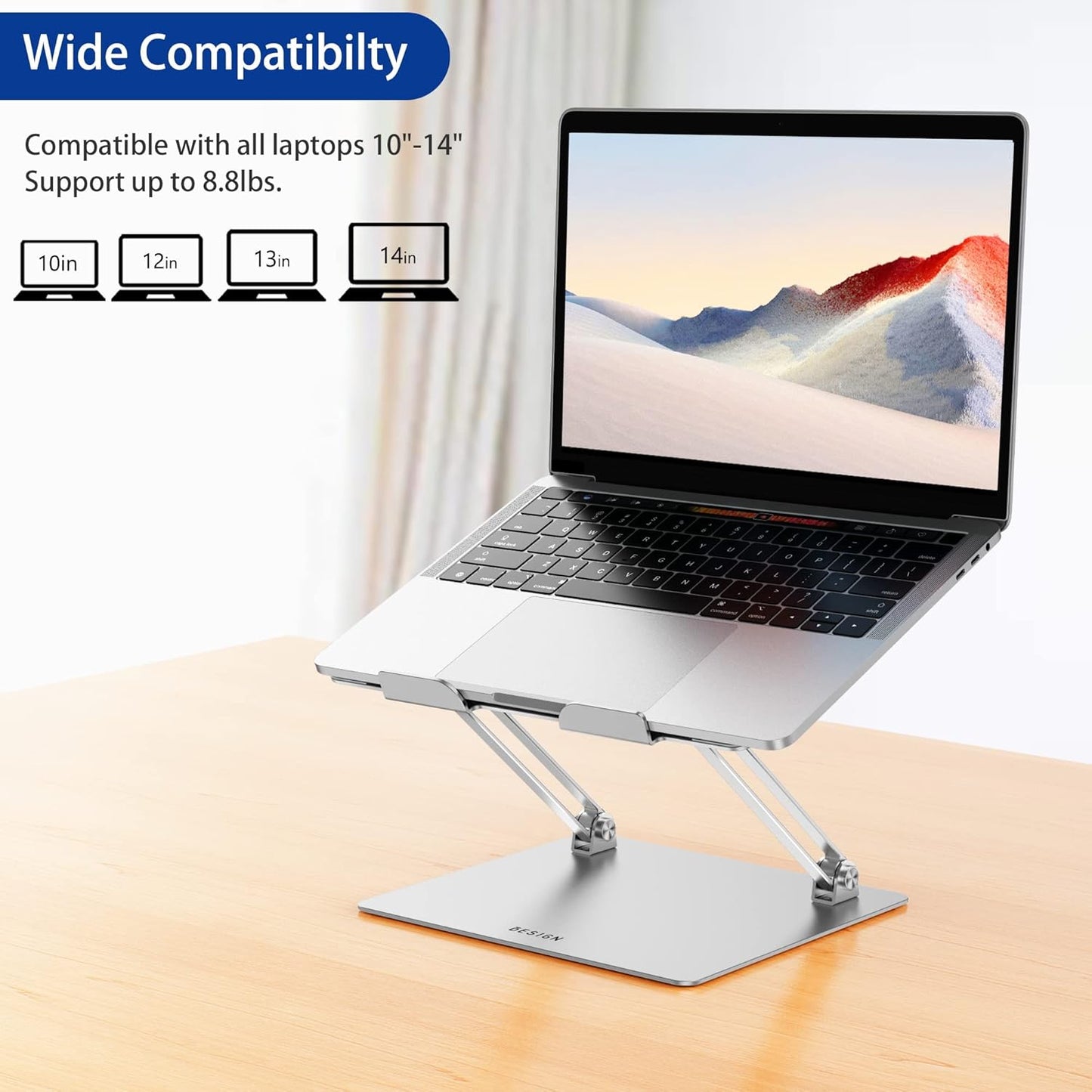 BESIGN LS10 Aluminum Laptop Stand, Ergonomic Adjustable Notebook Stand, Riser Holder Computer Stand Compatible with Air, Pro, Dell, HP, Lenovo More 10-14" Laptops, Silver