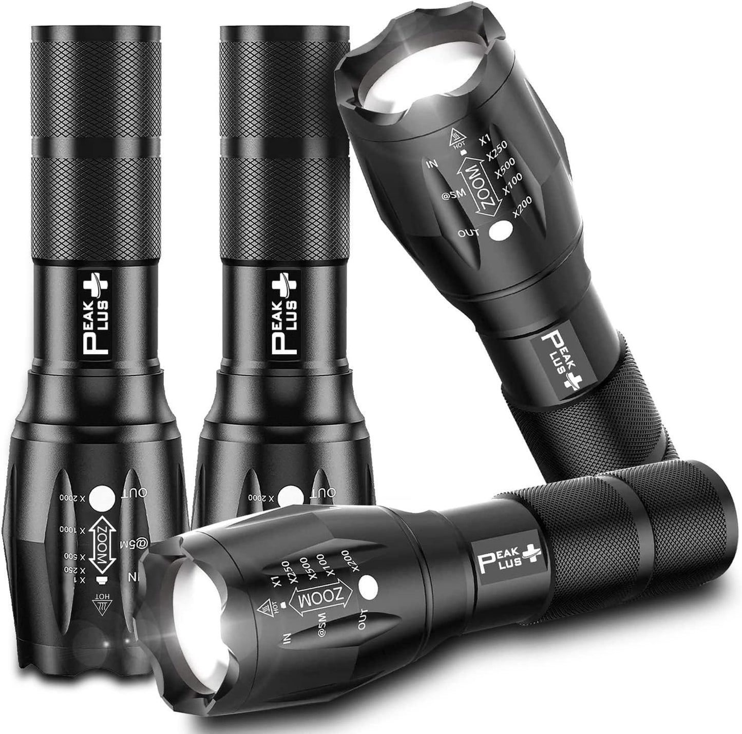 PeakPlus LED Flashlights High Lumens, Tactical Flash Lights [4 Pack] - Super Bright Waterproof Zoomable 5 Modes - Powerful Handheld Flashlight for Emergencies, Camping, Outdoor, Dog Walking