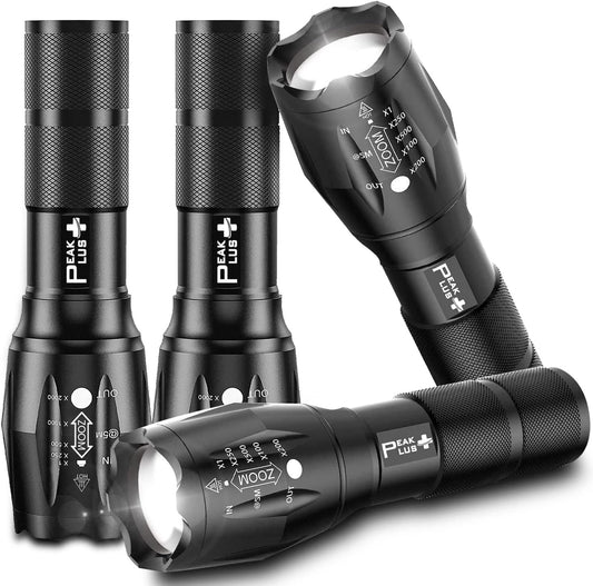 PeakPlus LED Flashlights High Lumens, Tactical Flash Lights [4 Pack] - Super Bright Waterproof Zoomable 5 Modes - Powerful Handheld Flashlight for Emergencies, Camping, Outdoor, Dog Walking