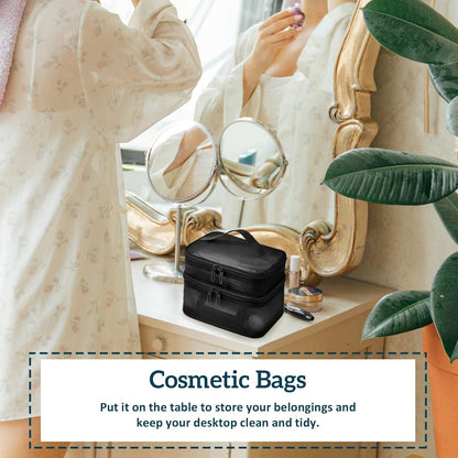 Double Layer Makeup Bag, Large Mesh Travel Cosmetic Pouch with Double Zipper, Vertical Make up Bag, Multifunctional Toiletry Bag for Makeup Brushes (Black)