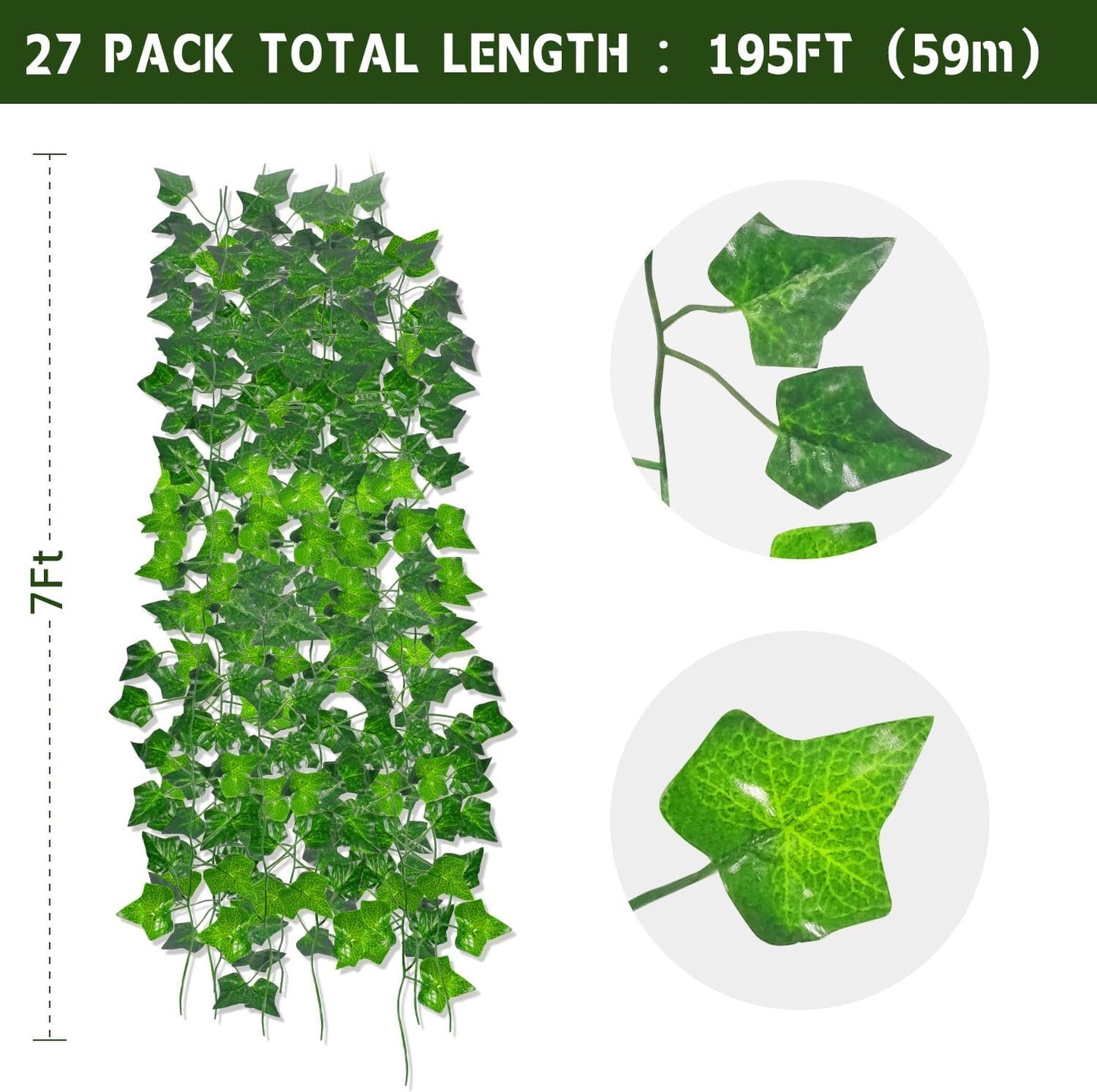 27 Pack 195Ft Artificial Ivy, Garland Fake Vines Leaves Hanging Vine Plants Green Leaves for Bedroom Home Garden Trellis Fence Balcony Wedding Event Decor