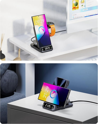 SwanScout 708S Wireless Charging Station for Samsung, 3 in 1 Wireless Charger for Samsung S25/S24/S23/S22/S21/Z Flip/Fold, for Galaxy Watch 7/Ultra/6/5, Galaxy Buds 3/3 Pro (NO Adapter)