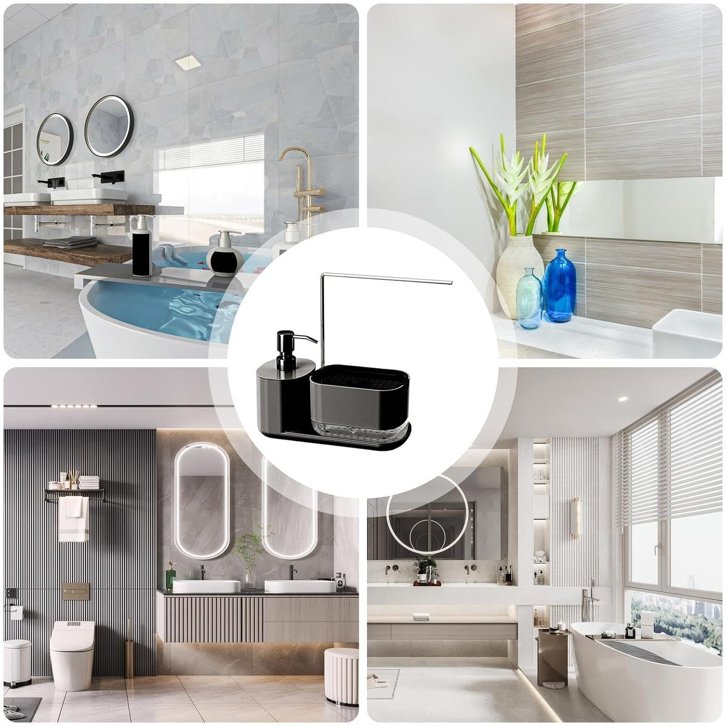 Générique Kitchen Caddy Organizer, Bathroom Soap Dish and Shower Gel Dispenser Bottle, Multi-Functional Sink Caddy Organizer for Dishcloth, Sponge, and Cleaning Essentials, (White, Black)