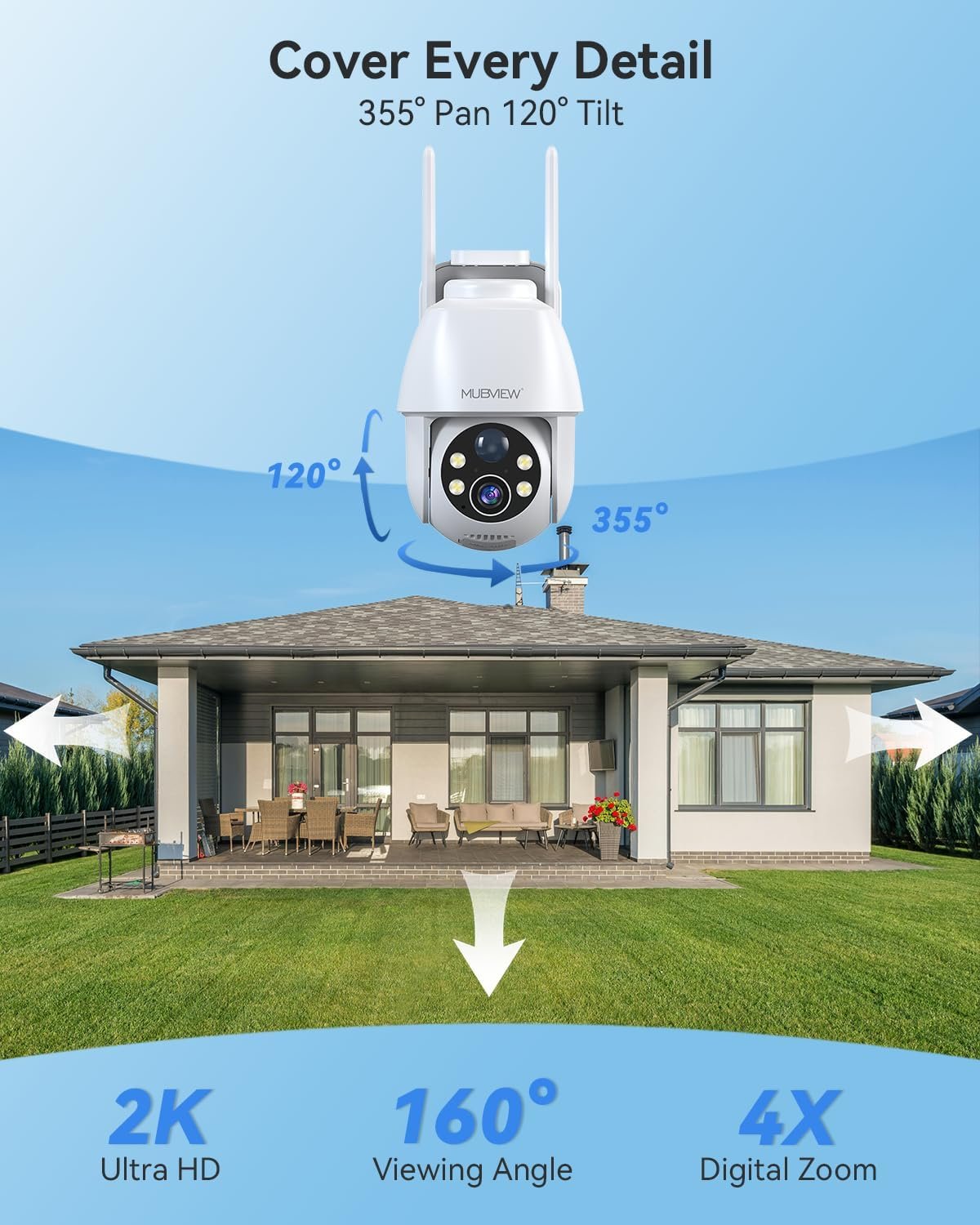 MUBVIEW 5W Solar Security Cameras Wireless Outdoor, 360Â° PTZ Battery Powered Outdoor Camera Plus, 2.4Ghz WiFi Security Camera for Home, 2K, Color Night Vision, Motion Detection,9000 mAh Battery,2 Pcs