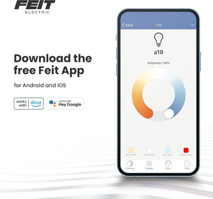 Feit Electric BR30 Smart Flood Light Bulb,2.4GHz WiFi Color Changing and Dimmable, No Hub, Works with Alexa or Google Assistant, BR30/RGBW/CA/AG, 65W, Multi-Color (RGBW), 1 Count (Pack of 1)