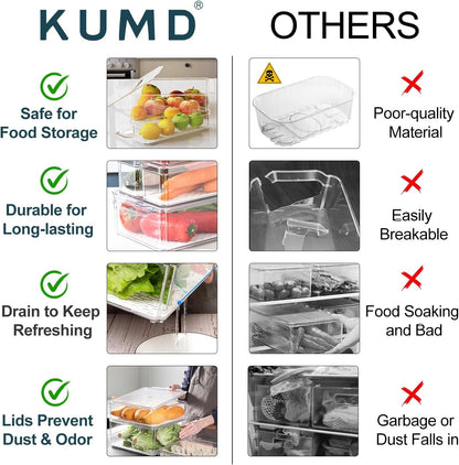 KUMD 10 Pack Fridge Organiser, Stackable Storage Containers with Lids, BPA-Free, Kitchen Storage & Organization, Clear Fridge Storage, for Food, Drinks, Vegetable